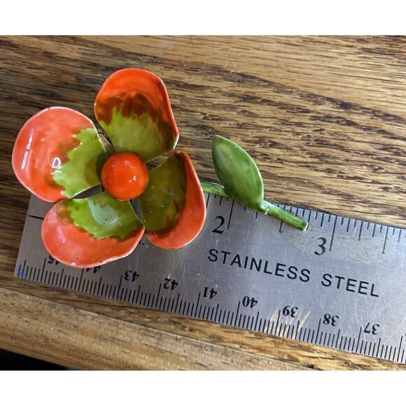 Retro Flower Brooch Orange & Green Enamel Metal Pin 2.75" - Picture 3 of 4